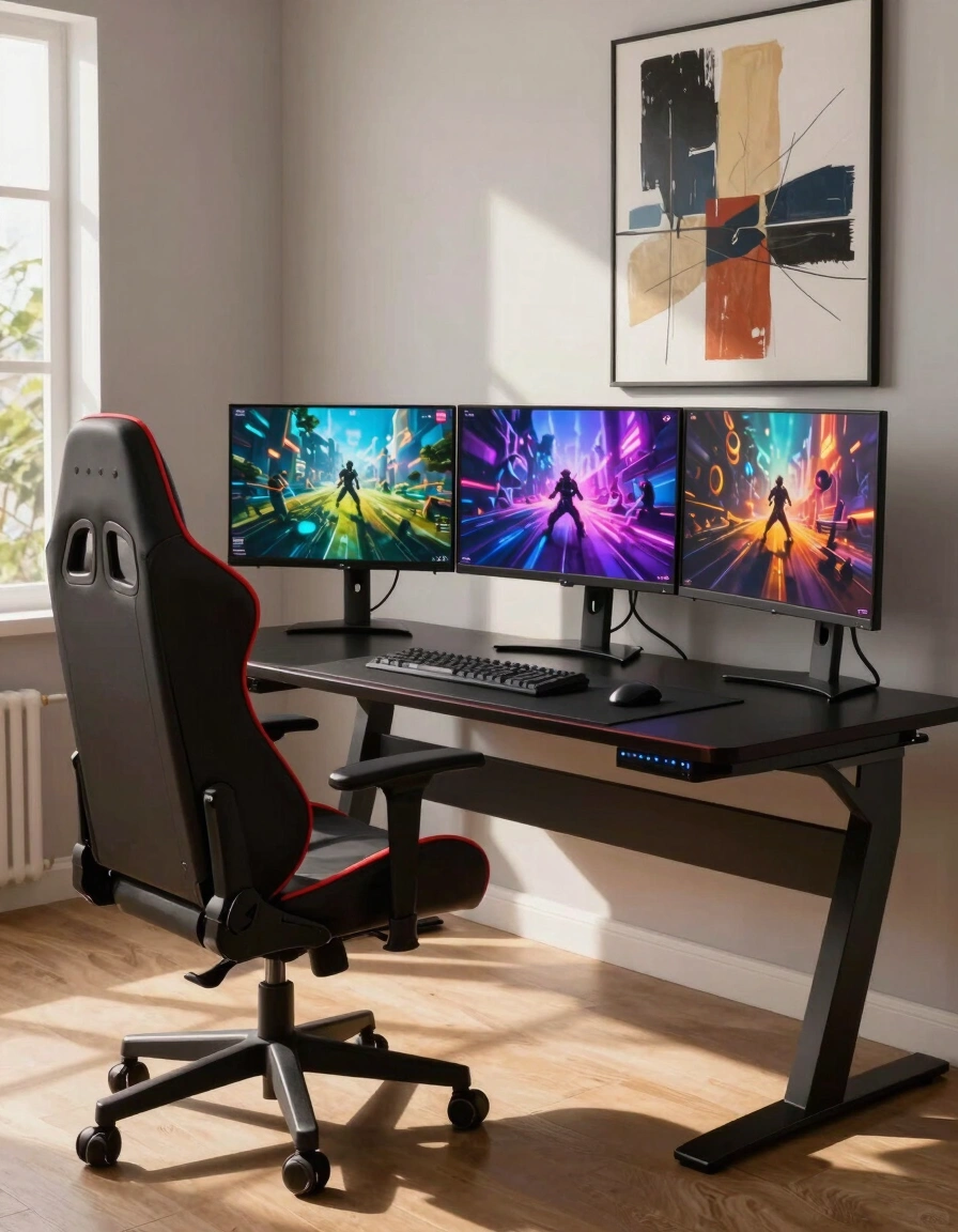 A modern gaming room with a black X-shaped desk, red-accented gaming chair, and three monitors displaying gaming content.
