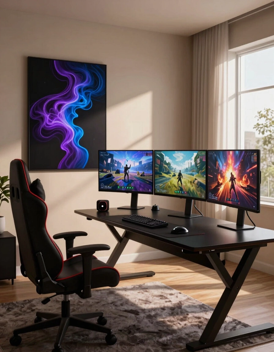 A modern gaming setup with a black X-shaped desk, three monitors, and a high-backed gaming chair, set against a beige wall with abstract art.