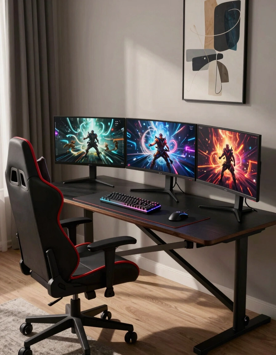A modern gaming room with a black desk, red and black gaming chair, and three monitors showing gaming content, set against a neutral wall with abstract art.