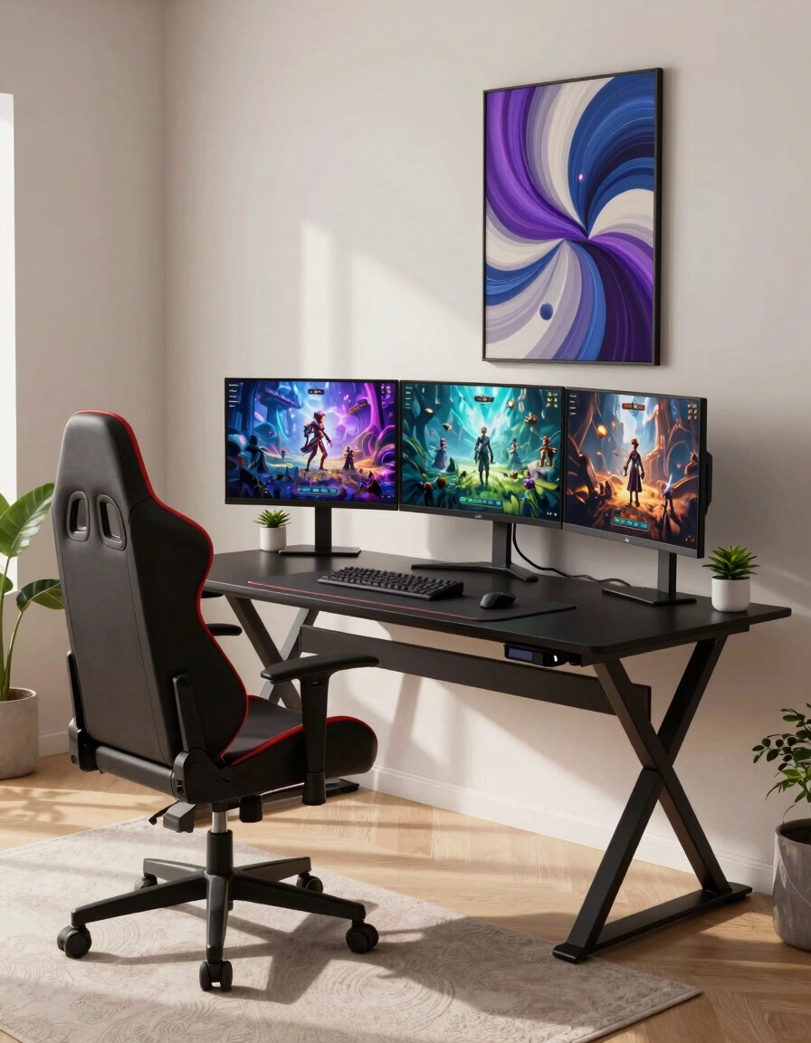 A modern gaming setup with a black X-shaped desk, red and black gaming chair, and triple monitors displaying fantasy game scenes, set against a minimalist off-white wall with abstract art.