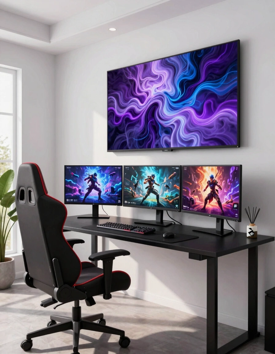 A modern gaming room with a black desk, red gaming chair, and triple monitors displaying gaming scenes, set against a white wall with abstract art.