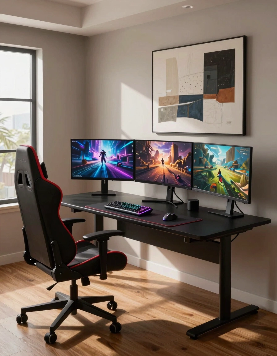 A modern gaming room with a black desk, red and black gaming chair, and three monitors displaying gaming scenes.