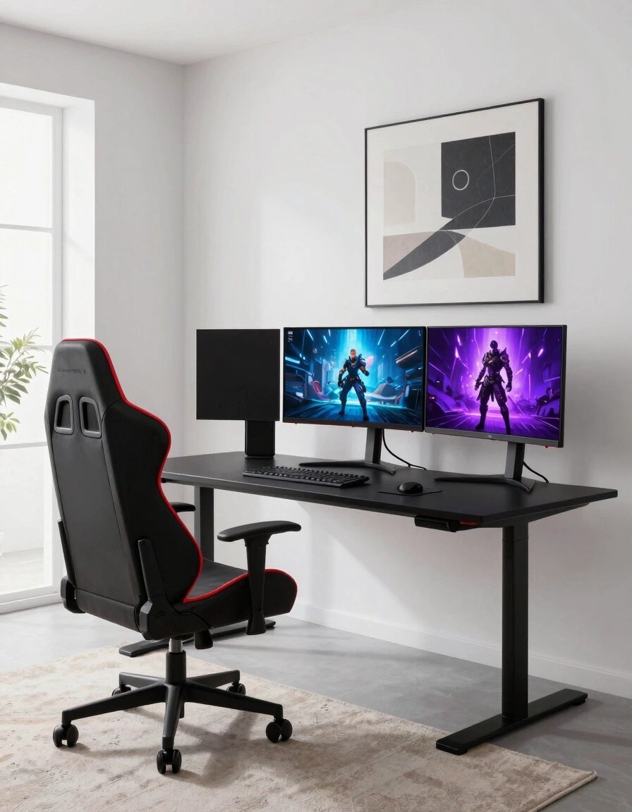 A modern gaming setup with a black desk, red gaming chair, and three monitors displaying gaming scenes, set against a white wall with abstract art.