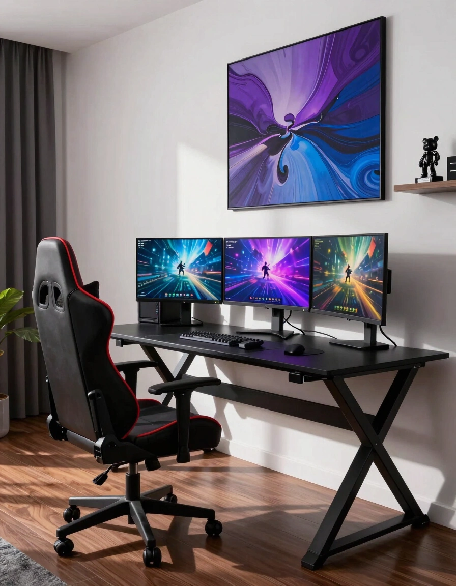 A modern gaming room with a black X-shaped desk, a high-backed gaming chair, and a large abstract art piece on a white wall.