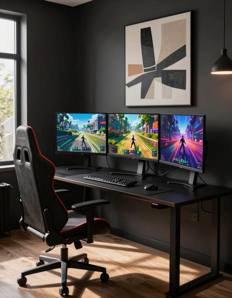 A modern gaming room with a black desk, gaming chair, and three monitors displaying gaming scenes, set against abstract art.