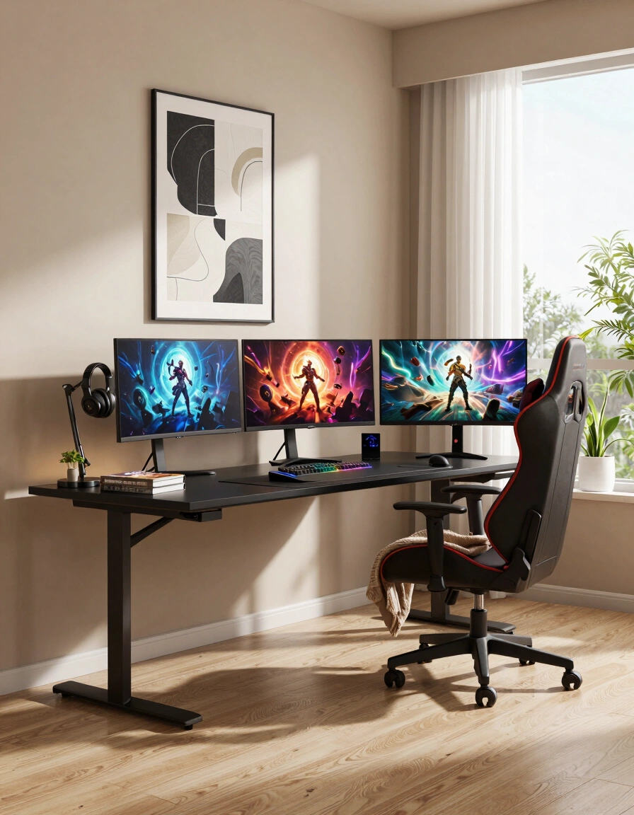A modern gaming room with a black desk, gaming chair, and three monitors displaying vibrant game scenes.