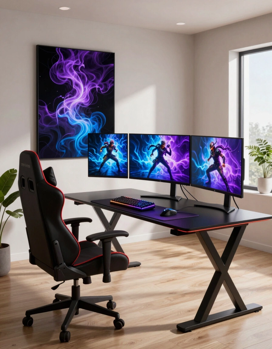 A modern gaming room with a black X-shaped desk, red-accented gaming chair, and three monitors displaying dynamic gaming scenes.