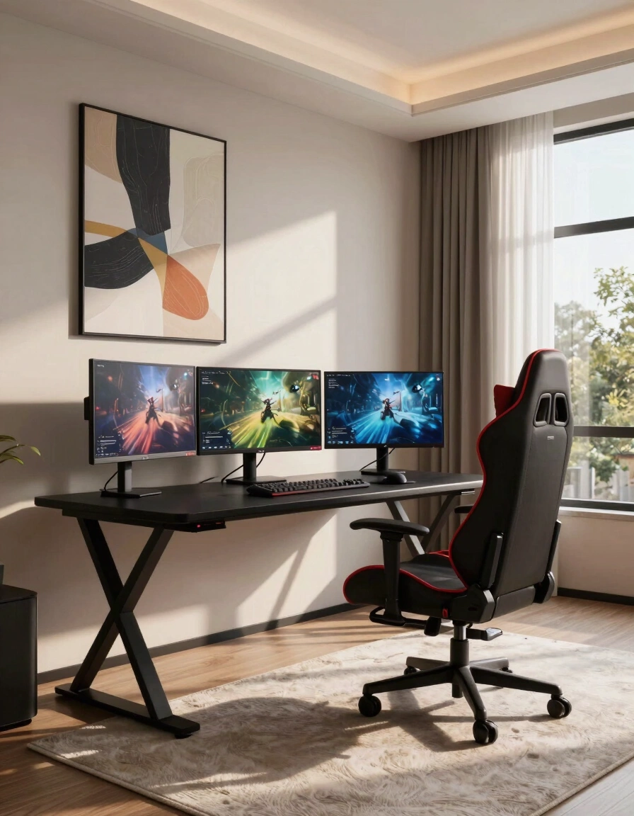 A modern gaming room with a black desk, red-accented gaming chair, and three monitors displaying gaming scenes, set against a backdrop of abstract art and natural light.