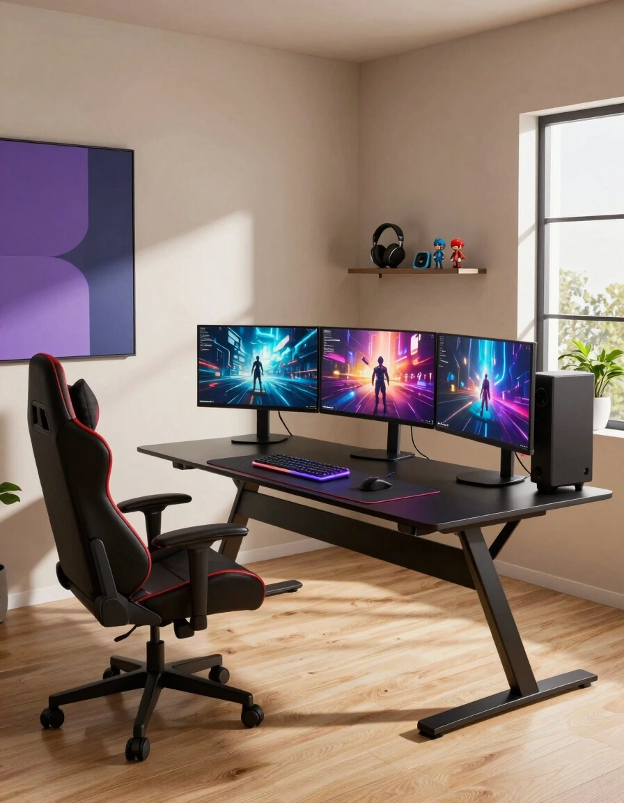 A modern gaming setup with a black X-shaped desk, red-accented gaming chair, and three monitors on a beige wall with abstract art.