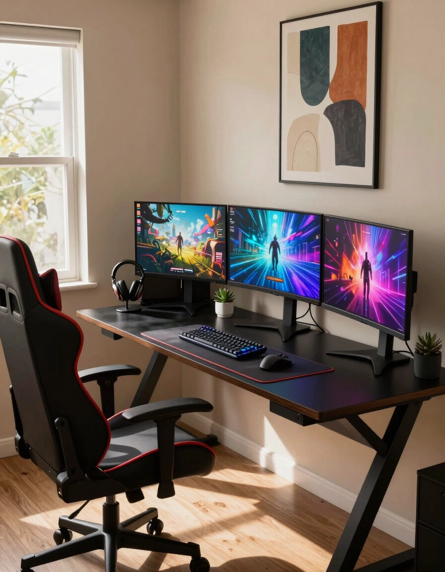 A modern gaming setup with a black X-shaped desk, gaming chair, and three monitors displaying futuristic game scenes.