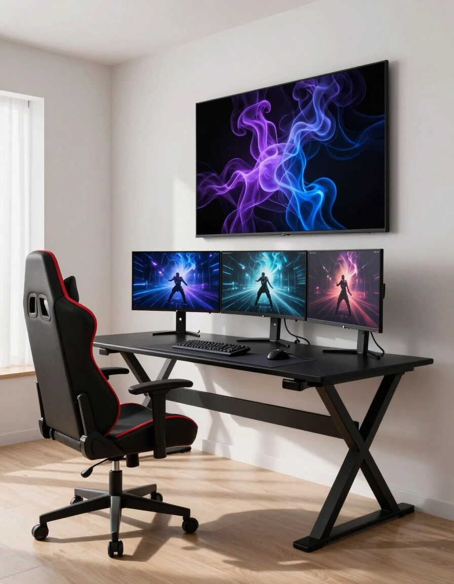A modern gaming room with a black X-shaped desk, gaming chair, and three monitors displaying futuristic game scenes, set against a large abstract art piece.