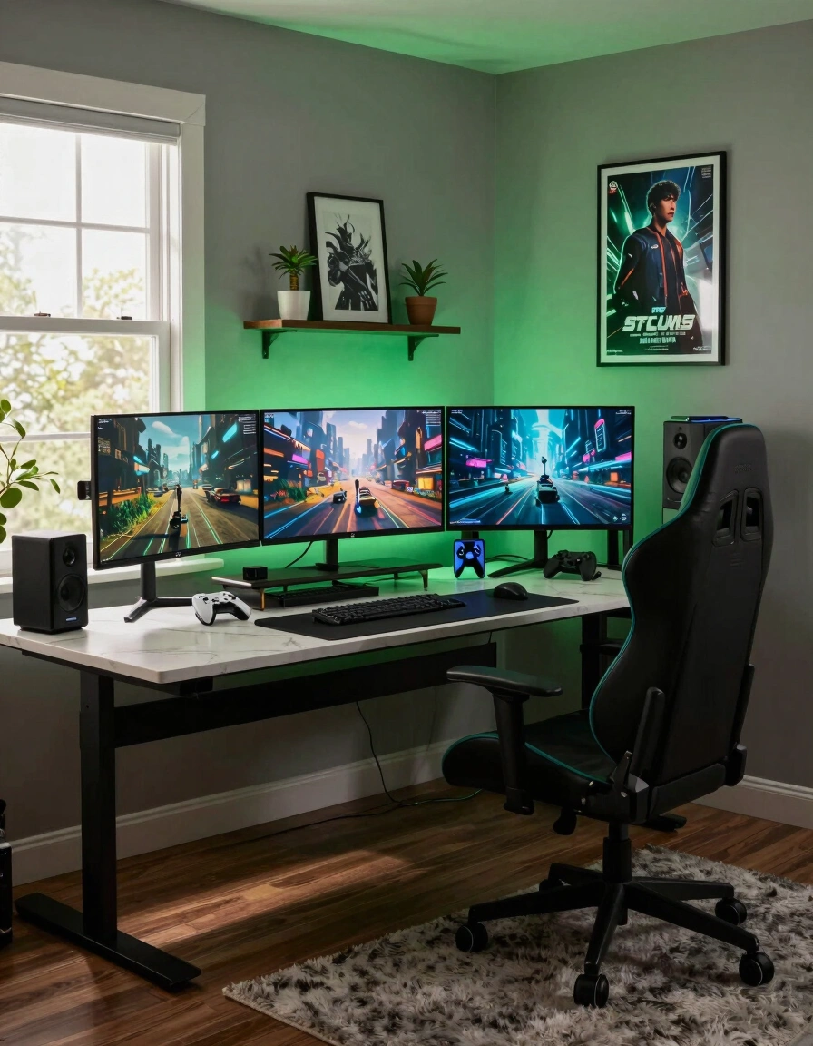 A sleek gaming setup with three monitors, a large TV, and a comfortable chair, surrounded by green ambient lighting and a framed gamer poster.