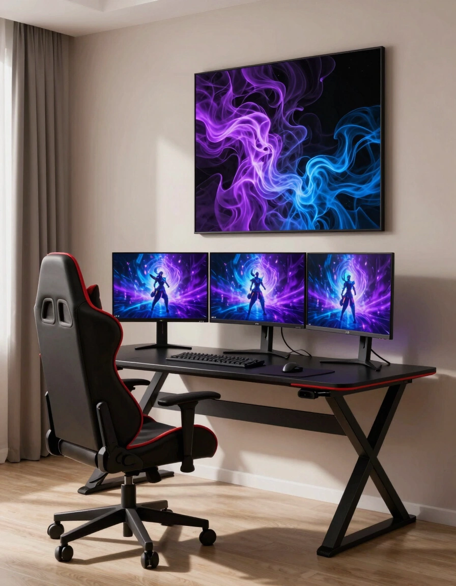 A modern gaming room with a black X-shaped desk, red and black gaming chair, and three monitors displaying futuristic game scenes.