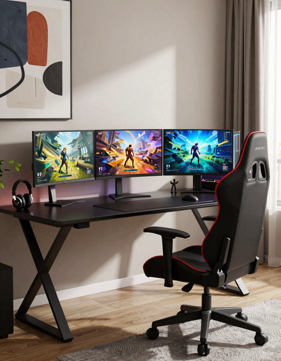 Modern gaming room with black desk, red and black gaming chair, and three monitors displaying gaming scenes.