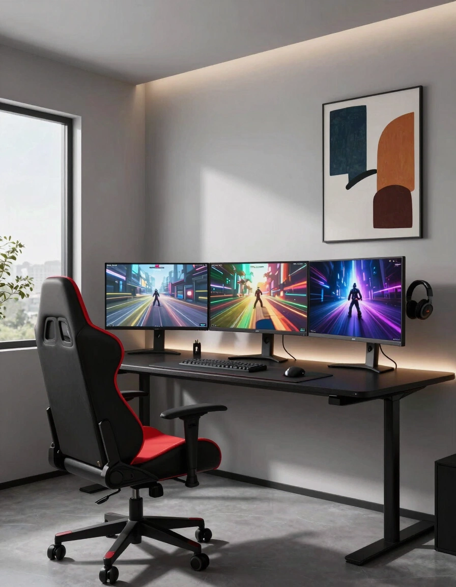 A modern gaming room featuring a black desk, red gaming chair, and three monitors with vibrant game scenes.