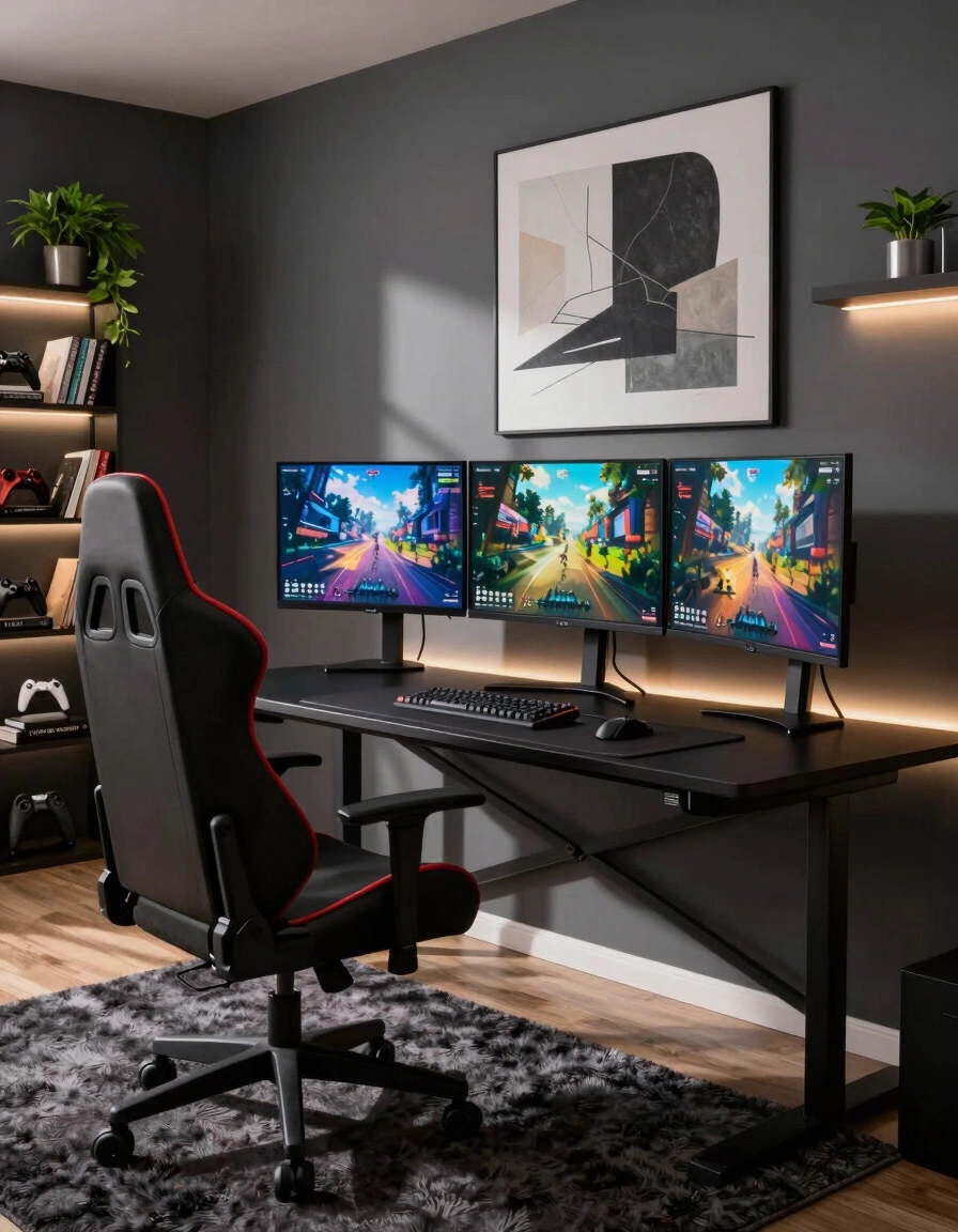 A modern gaming room with a black desk, gaming chair, and three monitors displaying gaming scenes, set against a large abstract art piece on the wall.