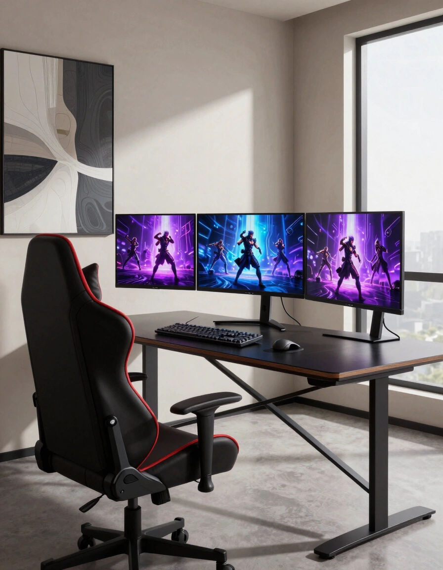 A modern gaming room with a black desk, red and black gaming chair, and three monitors displaying vibrant gaming scenes.