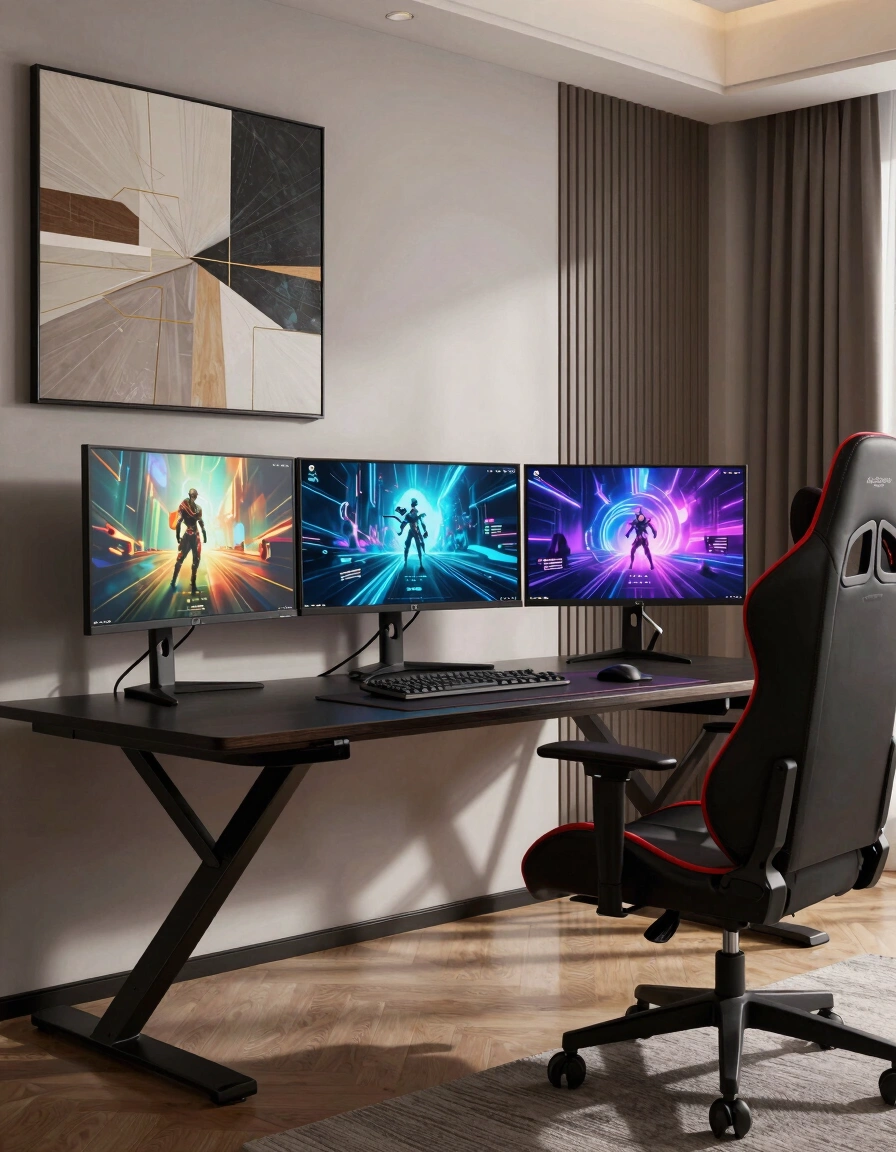 A modern gaming room with a black X-shaped desk, high-backed gaming chair, and three monitors displaying video game scenes.