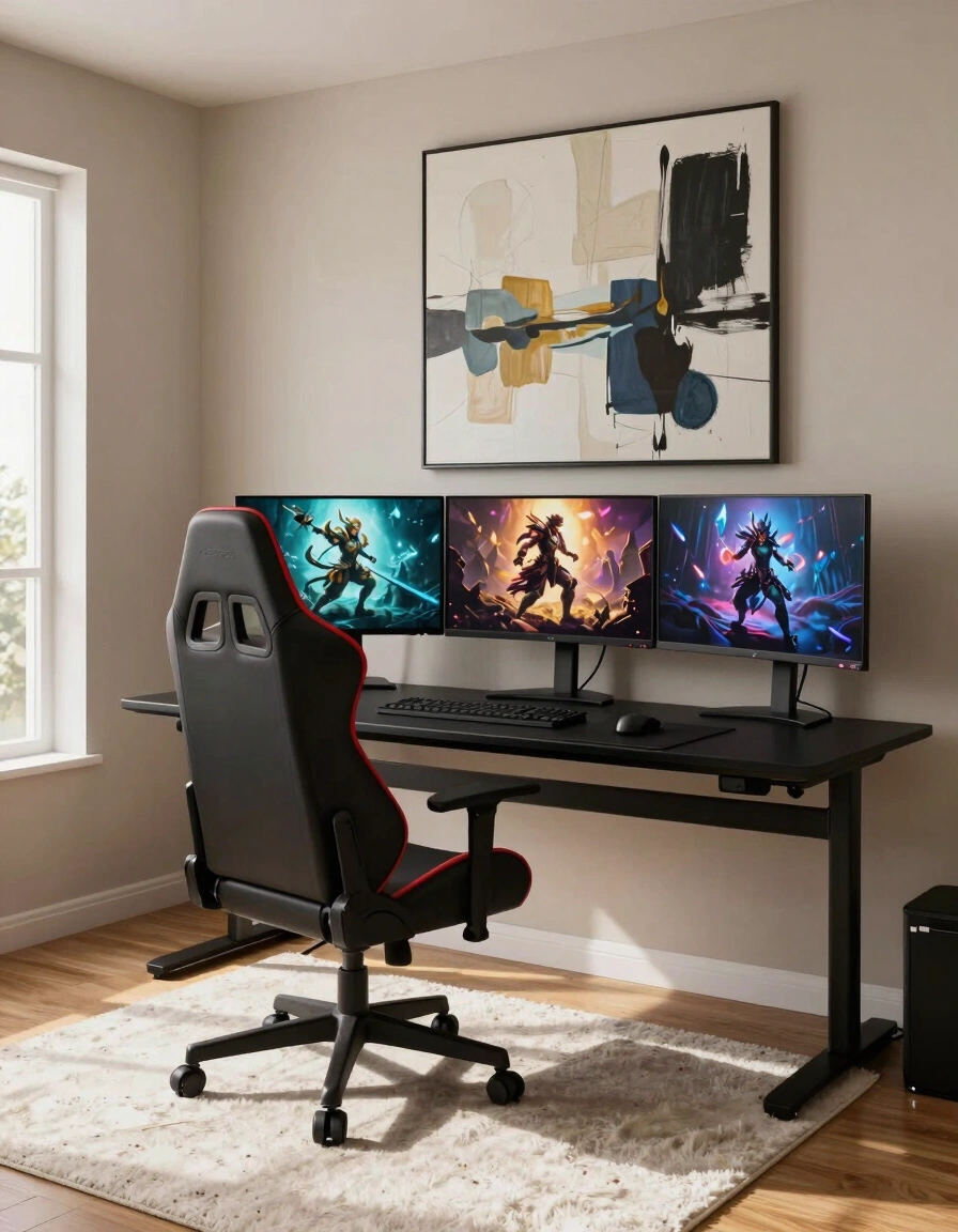 A modern gaming room featuring a black desk, red-accented gaming chair, and three monitors with fantasy game scenes, set against a beige wall with large abstract art.