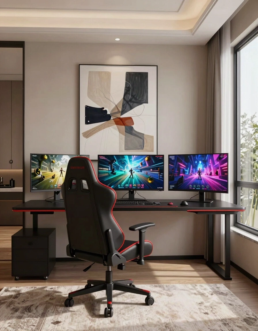 A modern gaming room with a black desk, red-accented gaming chair, and three monitors displaying gaming scenes.