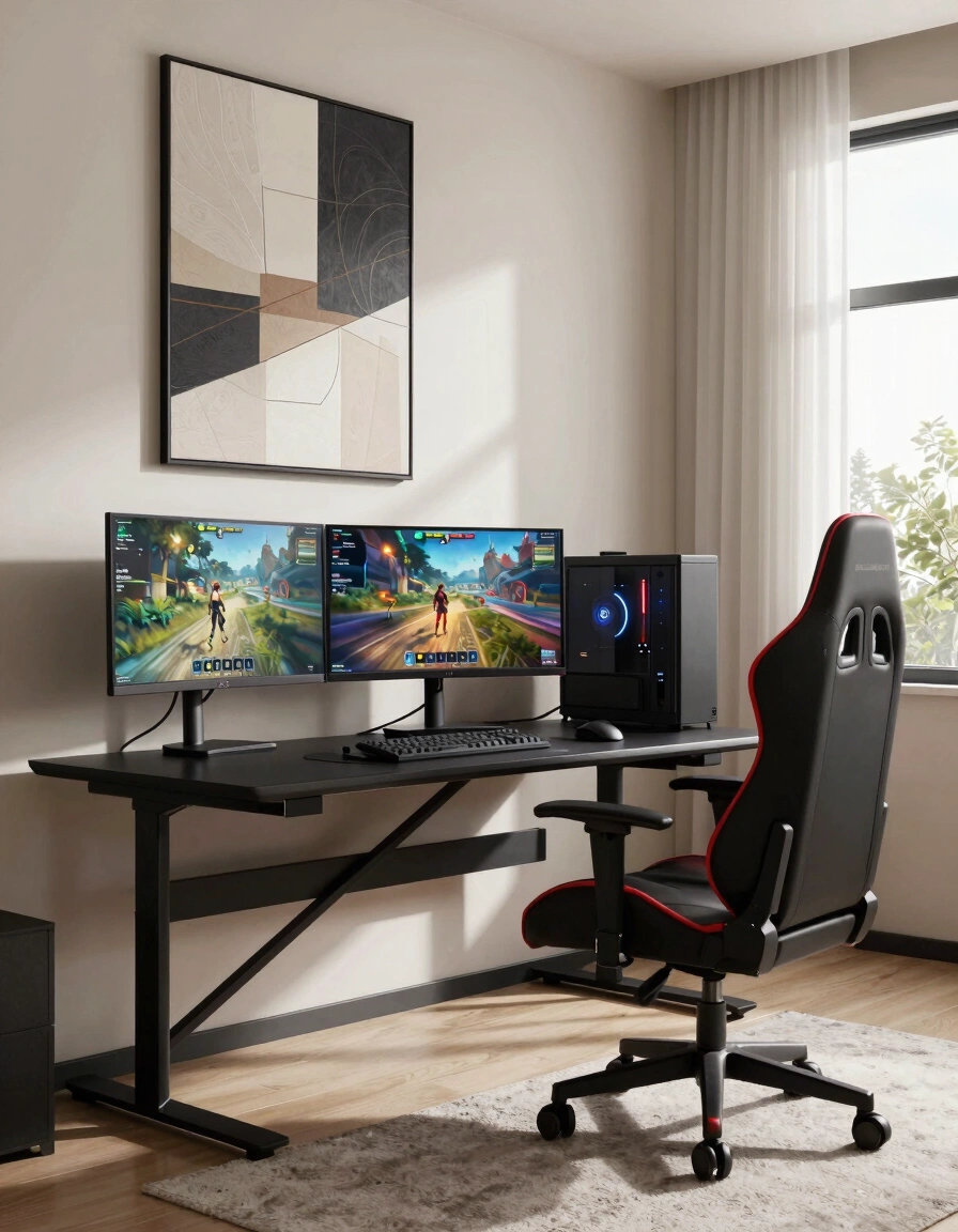 A modern gaming room with a black desk, red-accented gaming chair, and three monitors displaying game scenes.
