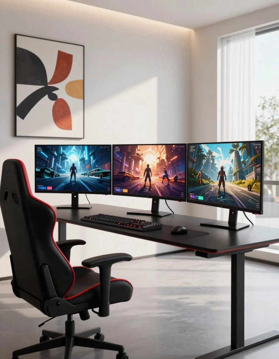 A modern gaming room with a black desk, three monitors, and a red gaming chair.