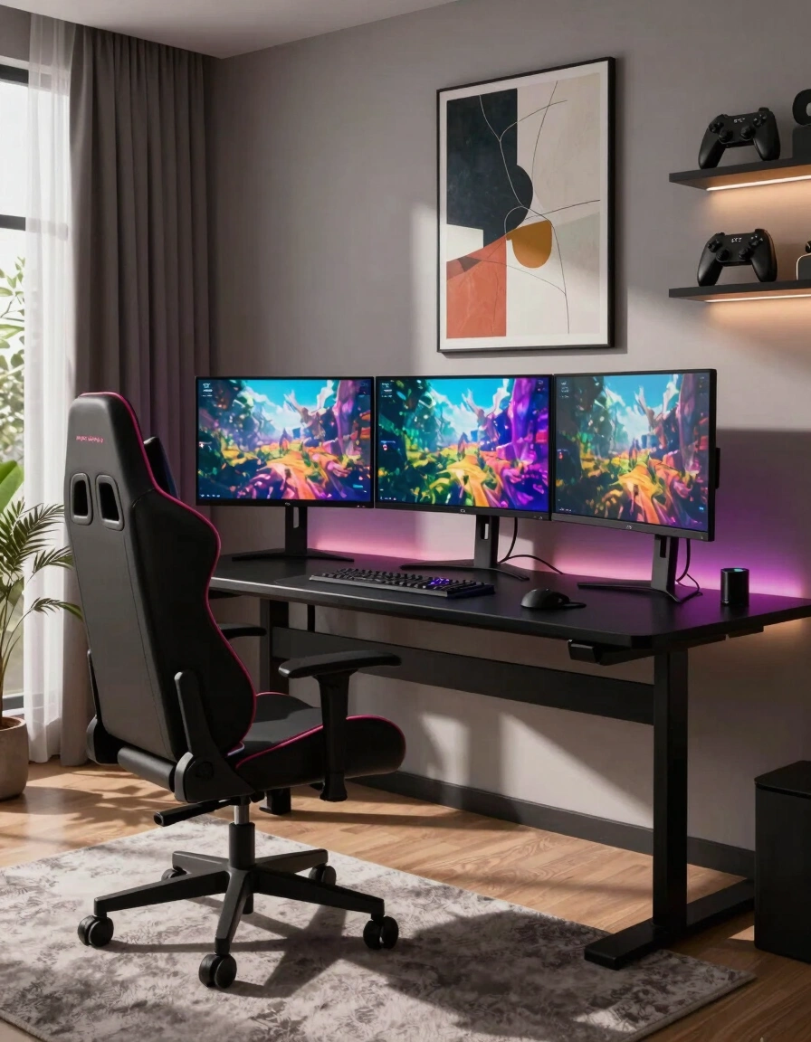 A modern gaming room with a black desk, red and black gaming chair, and three monitors displaying gaming scenes, set against a large abstract wall art.