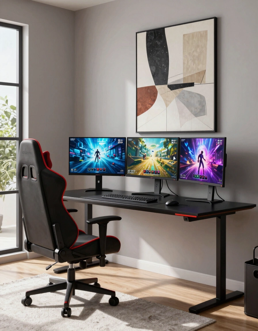 A modern gaming room with a black desk, red gaming chair, and three monitors displaying game scenes, set against a large abstract art piece on the wall.