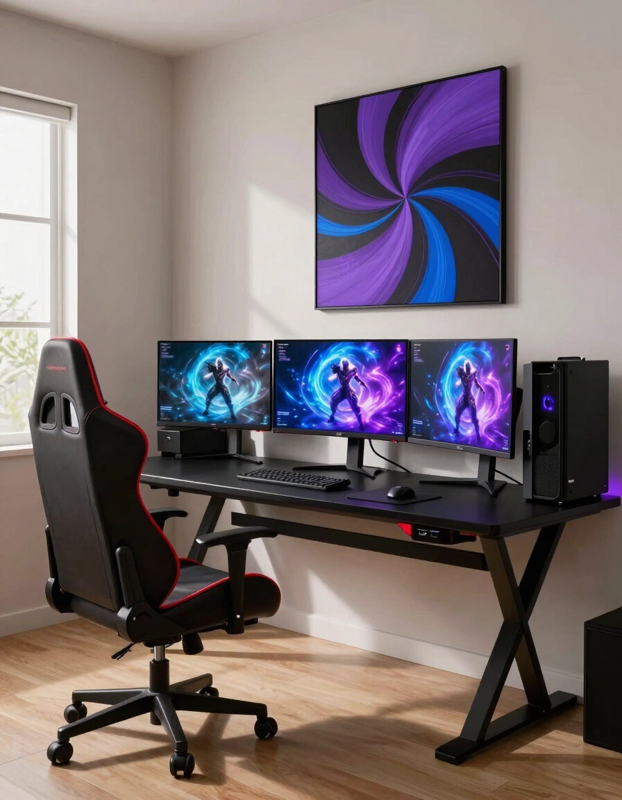 A modern gaming room with a black X-shaped desk, gaming chair, and three monitors displaying gaming scenes.