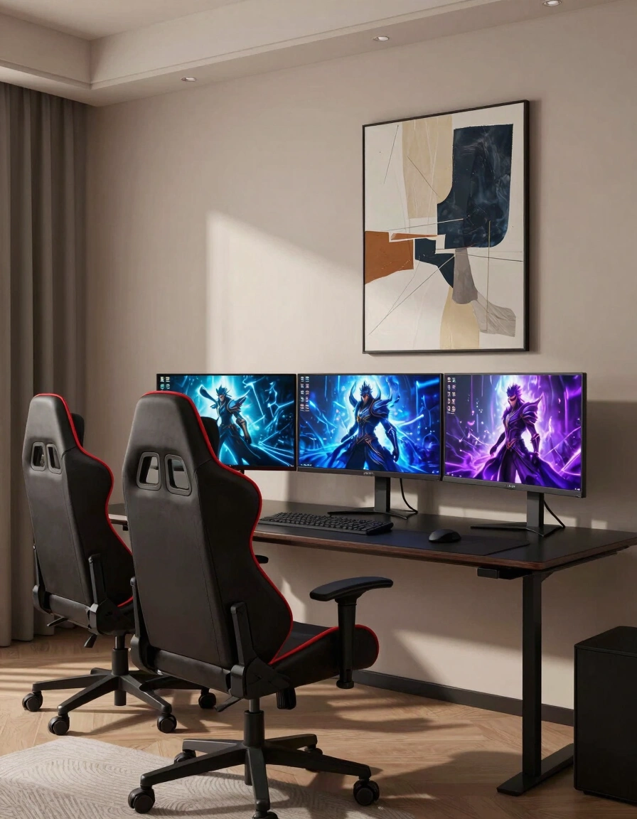 A modern gaming room with a black desk, red and black gaming chair, and three monitors on a beige wall with abstract art.