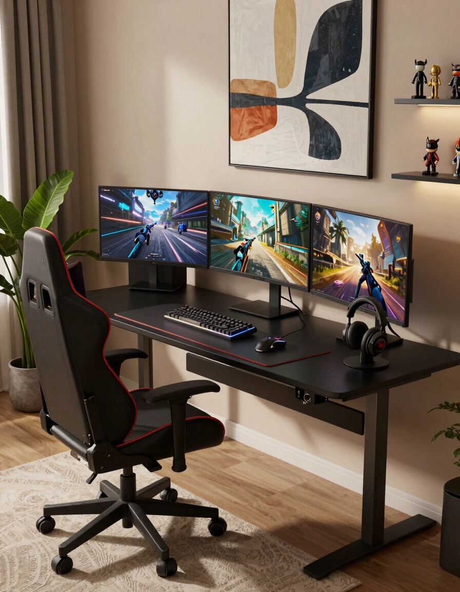 A modern gaming room with a black X-shaped desk, red-accented gaming chair, and three monitors displaying gaming scenes, set against a beige wall with a large abstract art piece.