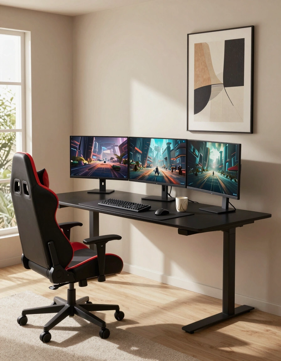 A modern gaming room with a black desk, red gaming chair, and three monitors displaying video game scenes.