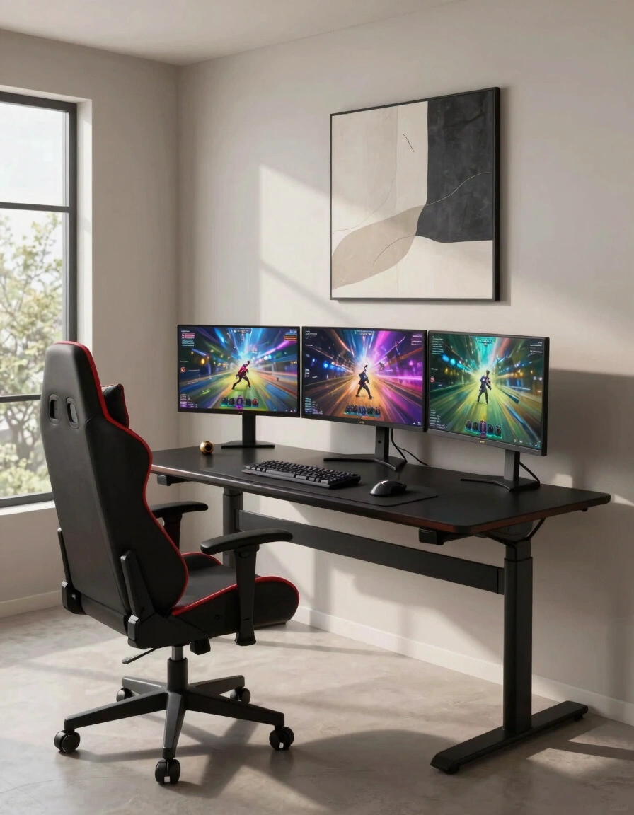 A modern gaming room with a black adjustable desk, red and black gaming chair, and three monitors displaying gaming scenes.