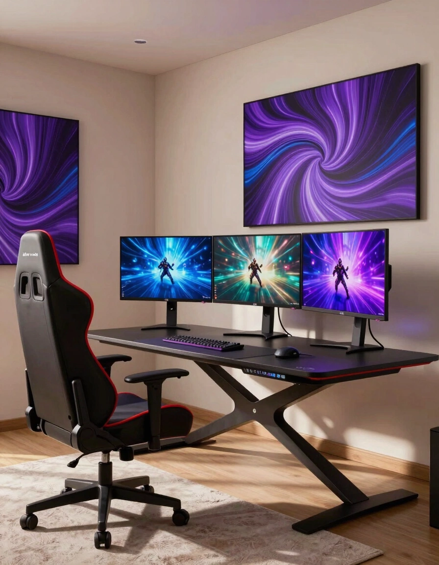 A modern gaming room with a dark-colored 'X' shaped desk, three monitors, and a red-accented gaming chair, surrounded by abstract artwork and natural light.