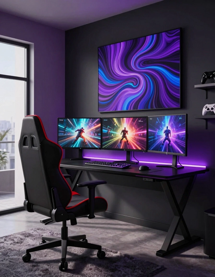 A modern gaming room featuring a black X-shaped desk, red and black gaming chair, and three monitors with a large abstract art piece on the wall.