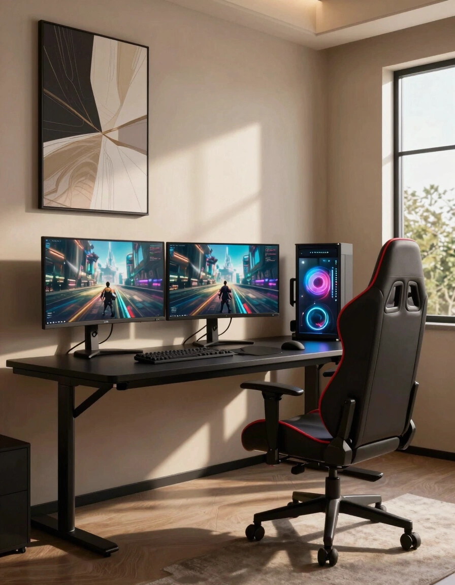A modern gaming room with a black desk, red-accented gaming chair, and three monitors displaying futuristic game scenes.