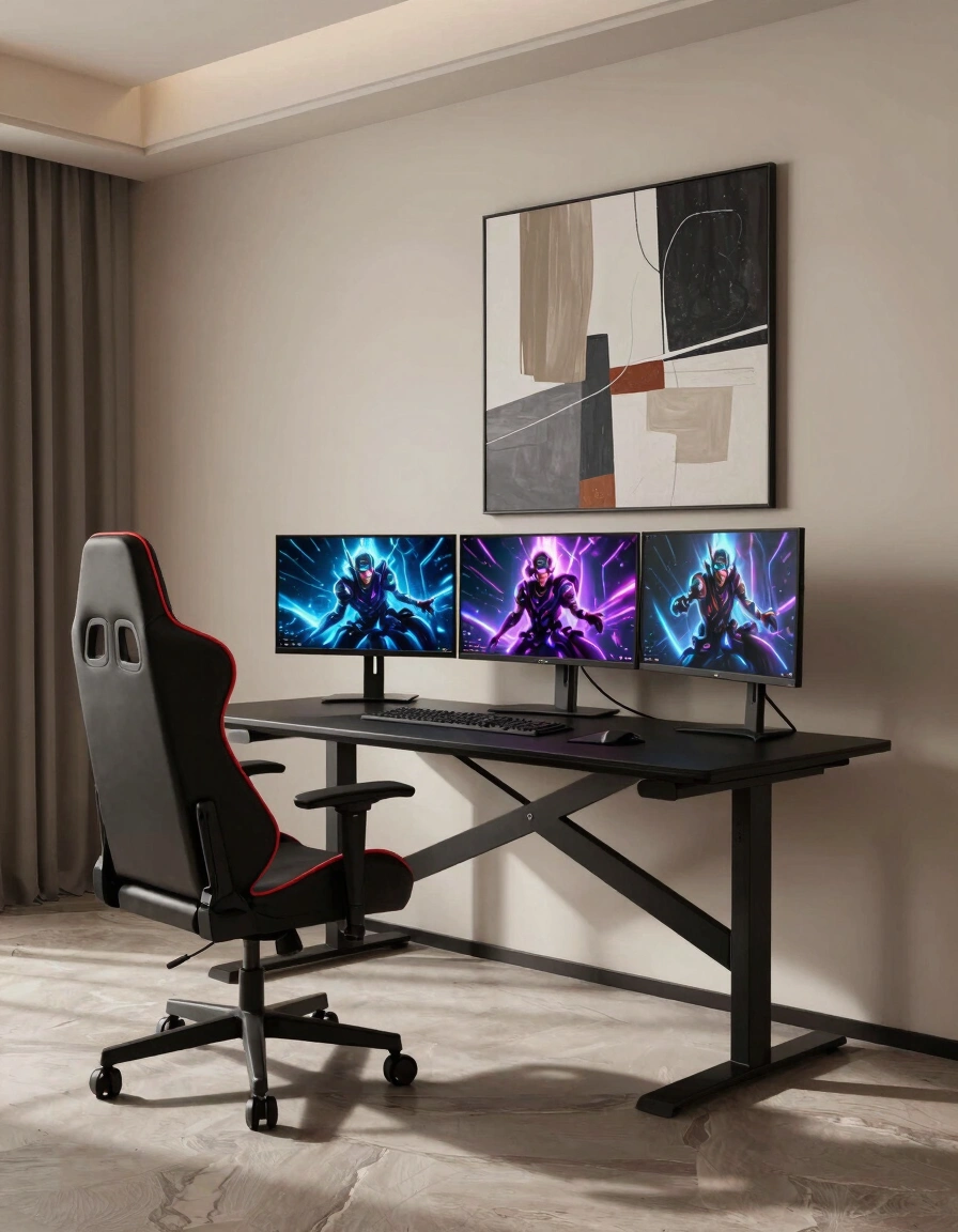 A modern gaming room with a black X-shaped desk, a high-backed gaming chair, and three monitors displaying neon-lit characters, set against a beige wall with a large abstract art piece