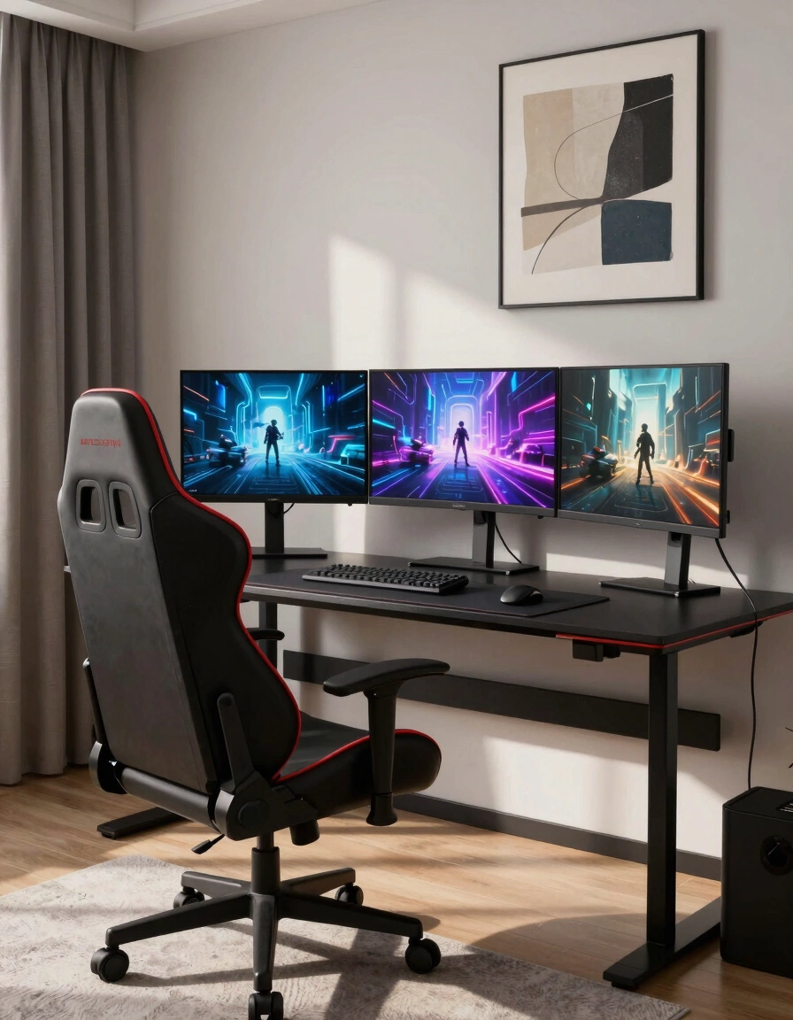 A modern gaming room with a black desk, red gaming chair, and abstract art on the wall, creating a futuristic ambiance for an immersive gaming experience