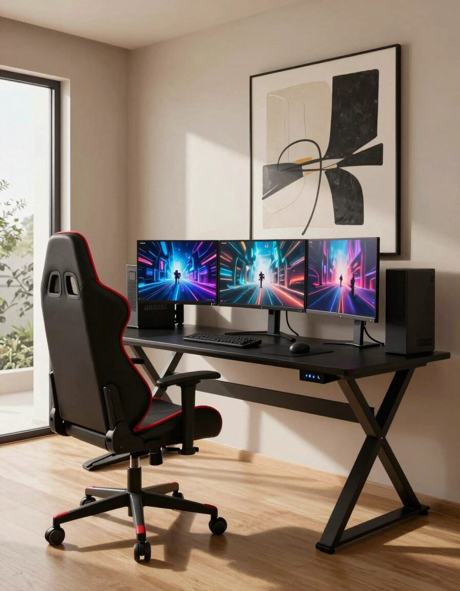 A modern gaming setup with a black desk and red-accented chair, surrounded by futuristic monitor displays and abstract wall art.