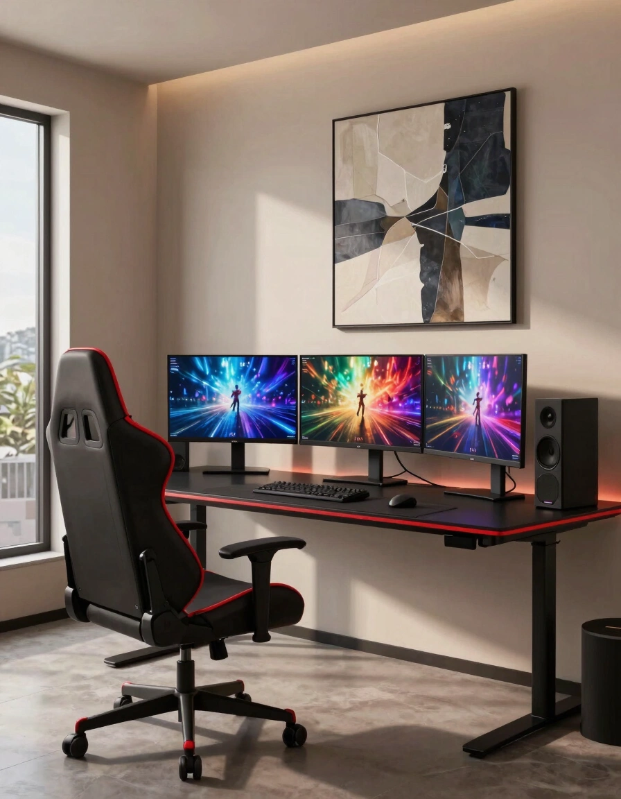A modern gaming room with a black desk, gaming chair, and three monitors displaying gaming scenes, set against a beige wall with abstract art.