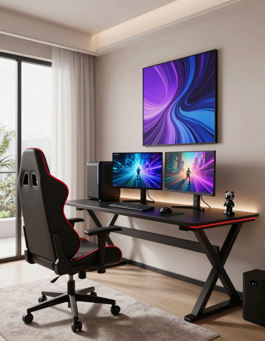 A modern gaming room with a black X-shaped desk, high-backed gaming chair, and dual monitors displaying futuristic game scenes, complemented by a large abstract art piece on the wall.