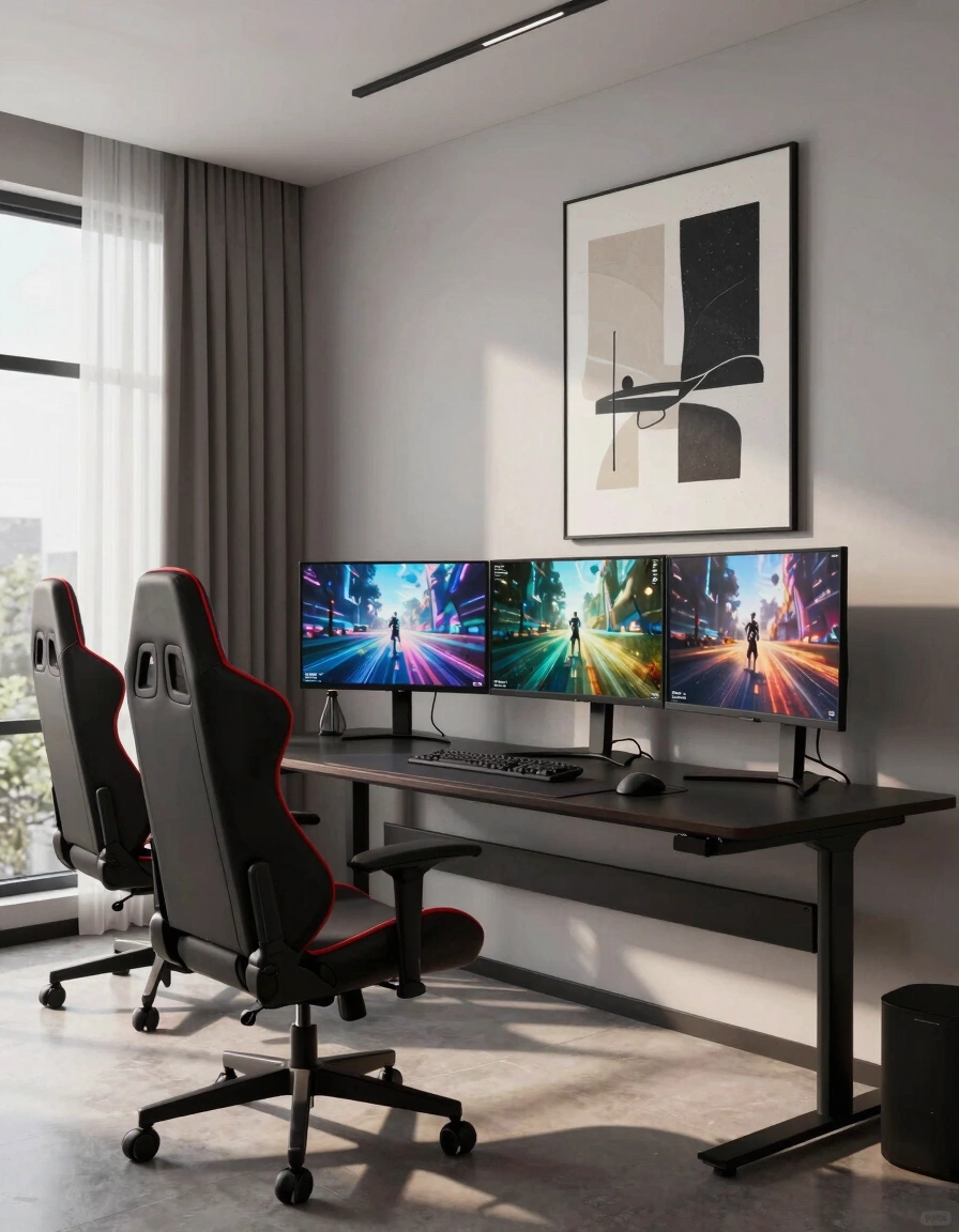 A modern gaming room with a black desk, red-trimmed gaming chair, and three monitors, surrounded by a minimalist interior design and a large abstract art piece on the wall.