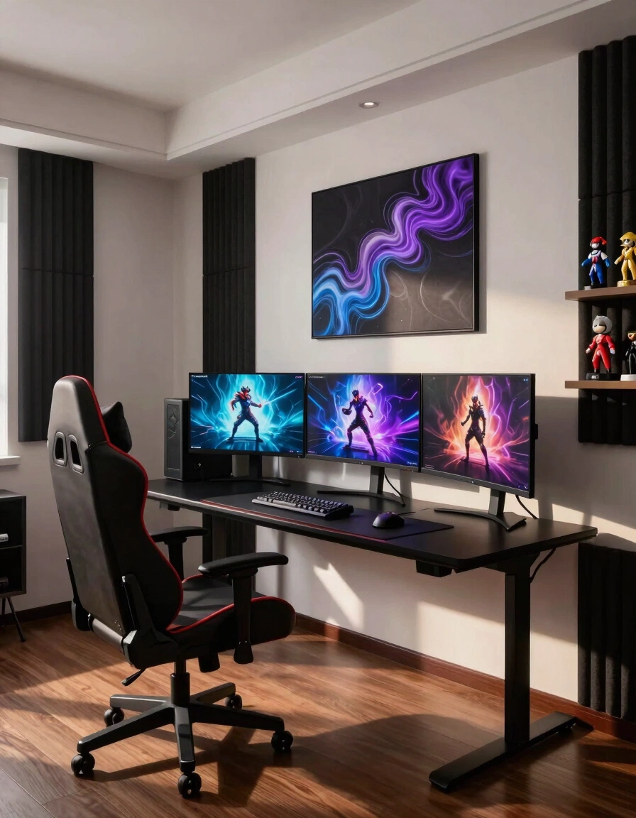 A modern gaming room with a black gaming desk, three monitors, and a high-end gaming chair, set against a white wall with abstract art.