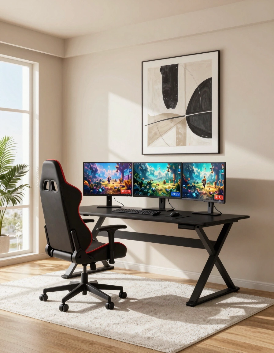 A modern gaming room with a black X-shaped desk, red and black gaming chair, and three monitors displaying fantasy game scenes.