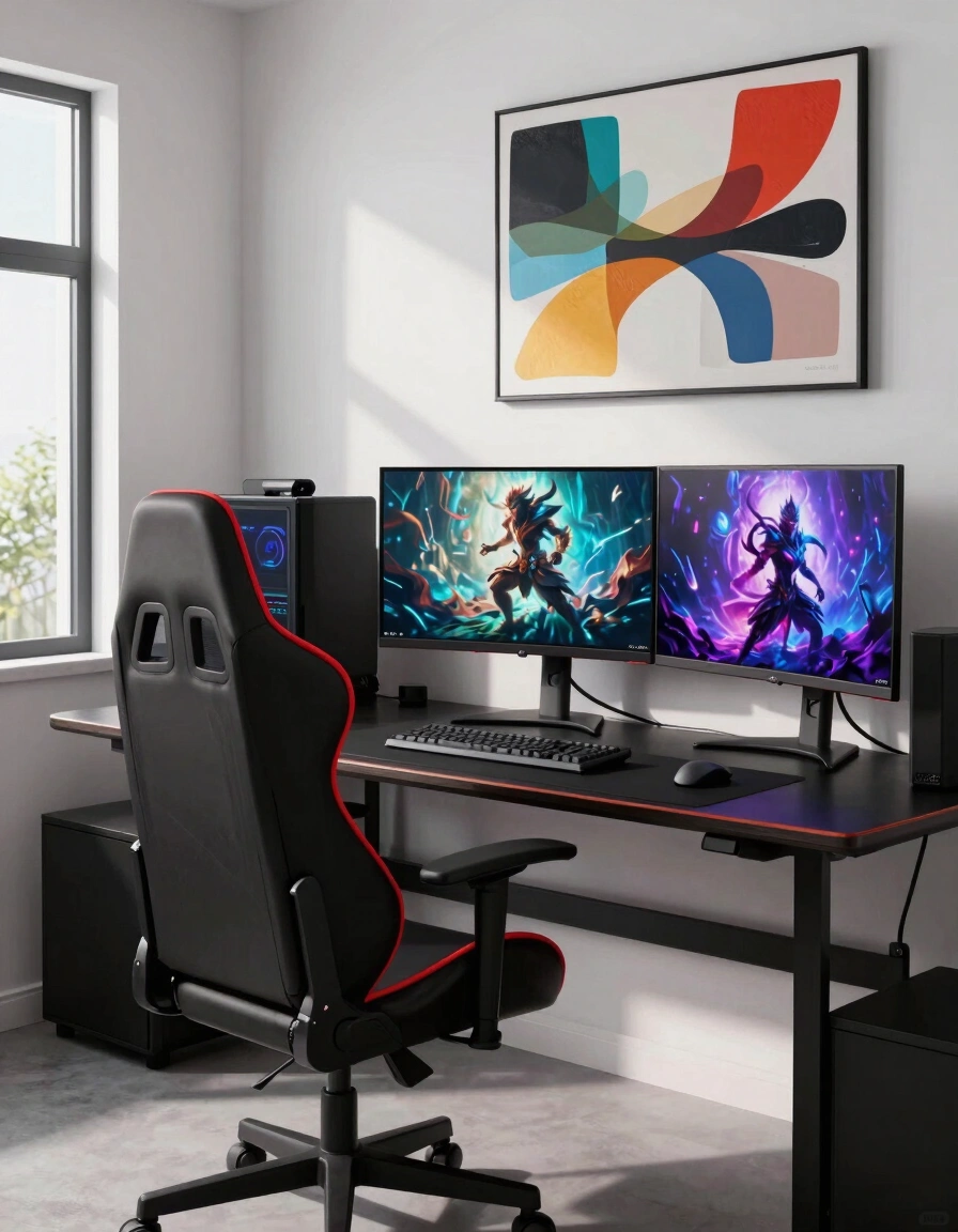 A modern gaming room with a black desk, gaming chair, and three monitors displaying fantasy scenes, set against a white wall with abstract art.