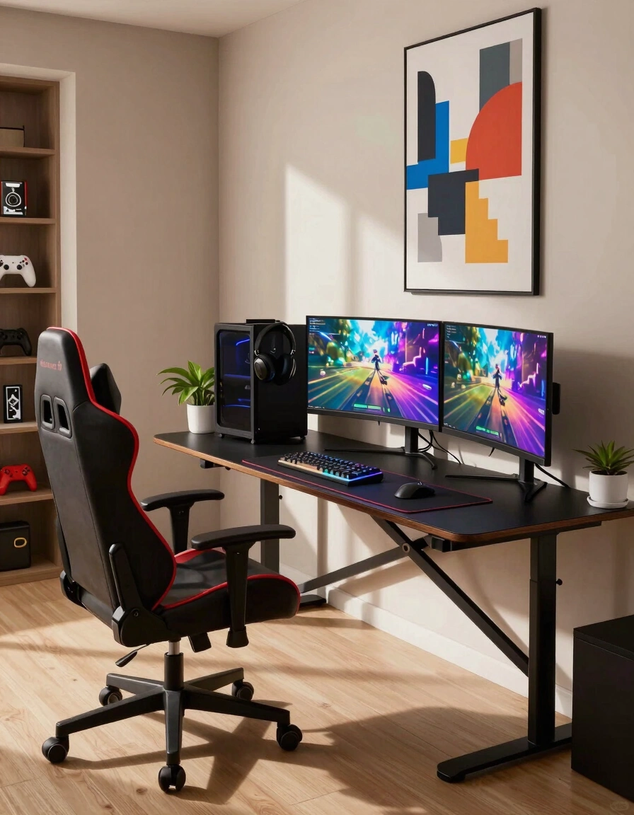 A modern gaming room with a black desk, red gaming chair, and three monitors under natural light.
