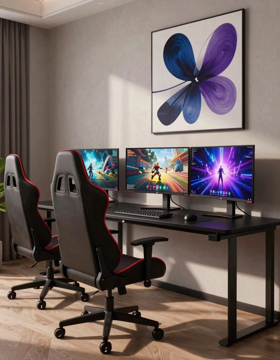 A modern gaming room with a black desk, red-accented gaming chair, and abstract art on the wall, surrounded by three gaming monitors.