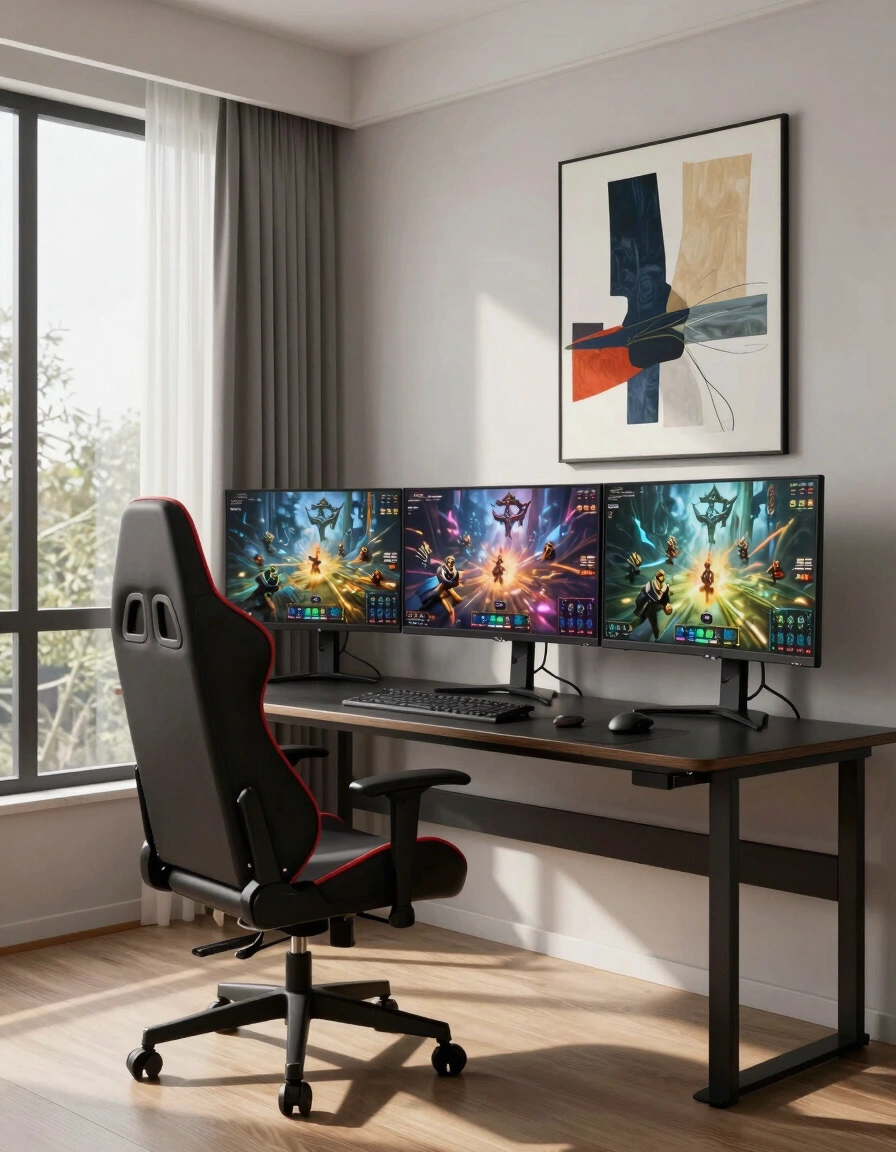 A modern gaming room with a black desk, gaming chair, and three monitors displaying fantasy scenes, accompanied by a large abstract art piece on the wall.
