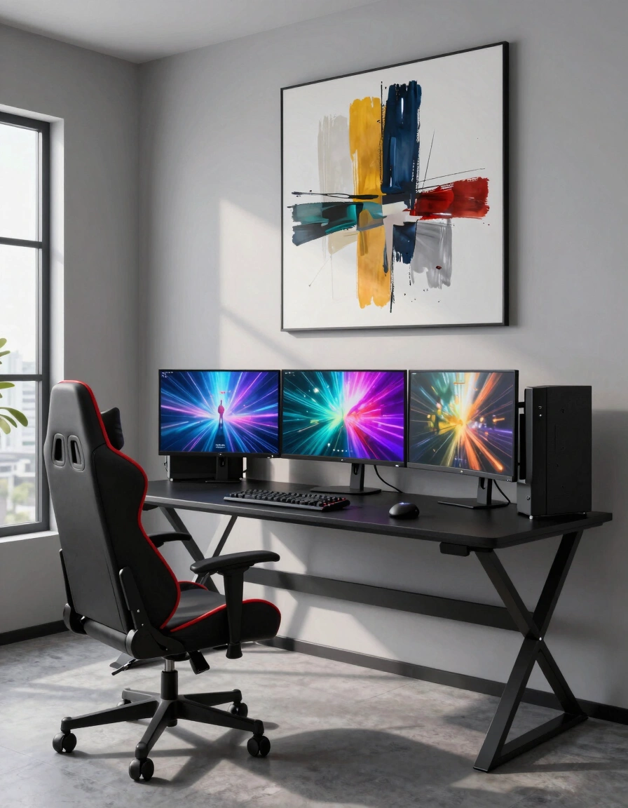 A modern gaming room with a black desk, red gaming chair, and three monitors under a large abstract art piece.