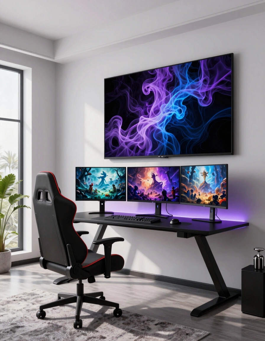 A modern gaming room with a black X-shaped desk, a high-backed gaming chair, and a large abstract art piece, surrounded by three monitors displaying fantasy scenes.